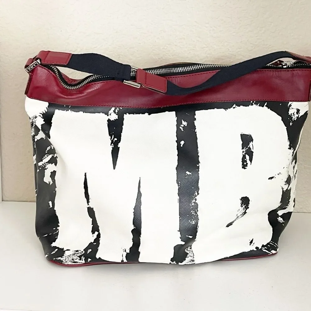 Rare L.A.M.B. Huntley hobo bag by Gwen Stefani, black, white graffiti red trim